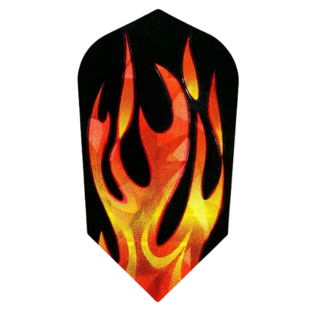 Slim dart flight with holographic flame graphic, full view, isolated on white, 100 micron thickness for dart setup