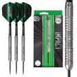 Steel tip tungsten darts set with black and green flights, ribbed grip barrels, retail packaging, and close-up of barrel texture for dart players
