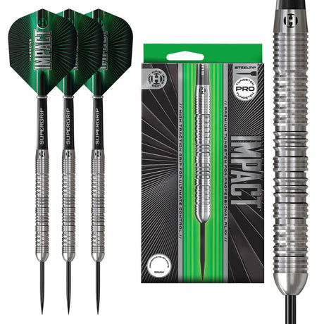 Steel tip tungsten darts set with black and green flights, ribbed grip barrels, retail packaging, and close-up of barrel texture for dart players