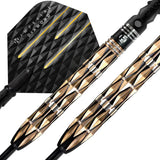 Macro close-up of 90% tungsten dart barrels with precision diamond grip and textured black and gold flights for advanced grip control