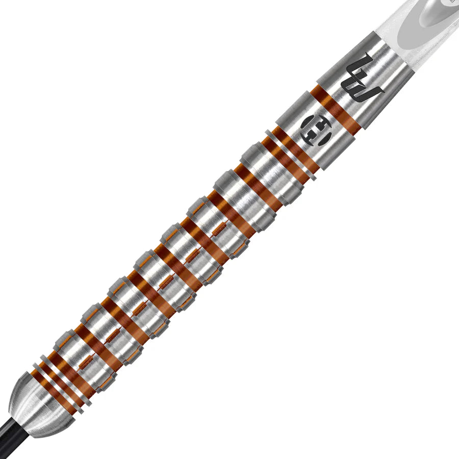 Macro close-up of tungsten dart barrel with precision grip rings, orange grooves, and laser-etched signature, isolated on white background