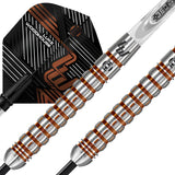 Macro close-up of 90% tungsten darts showing grooved barrel grip texture and Luke Woodhouse signature flight design