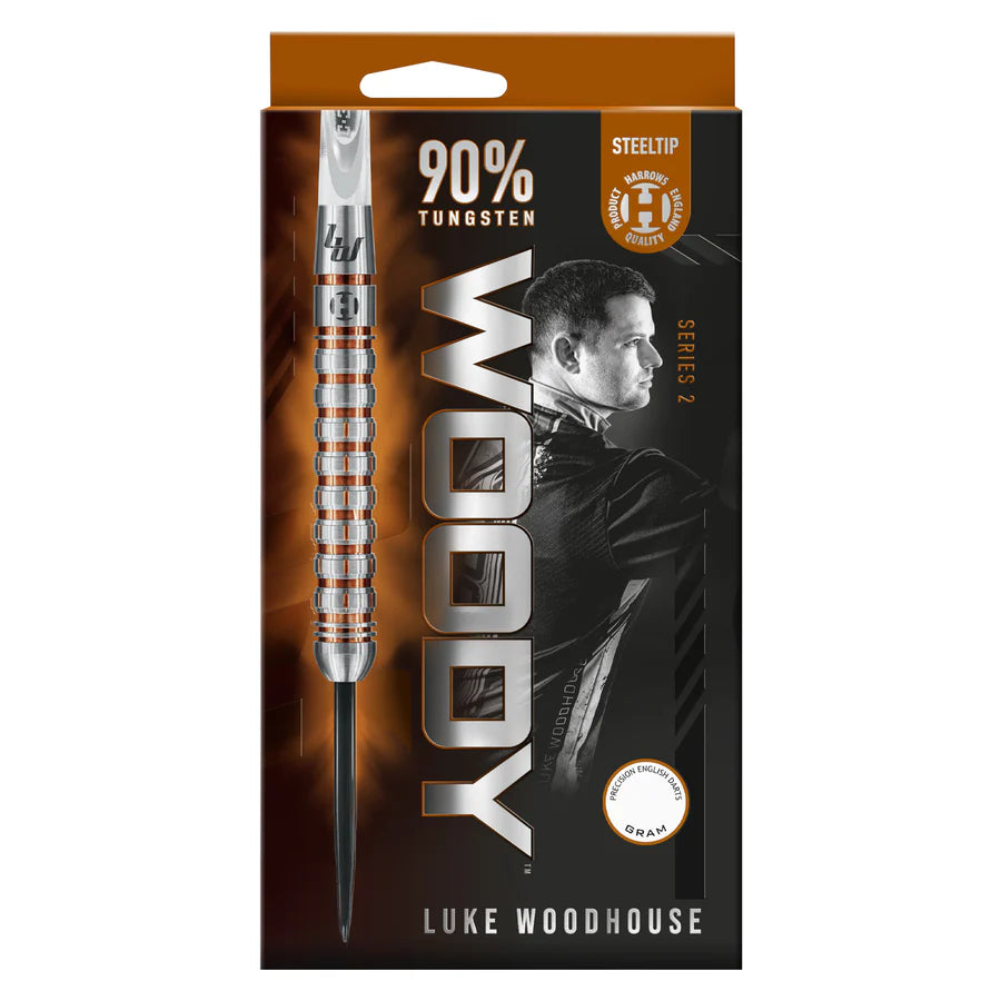 Luke Woodhouse Series 2 90% tungsten dart in packaging, full view, highlighting ringed steel tip and precision grip, retail display.