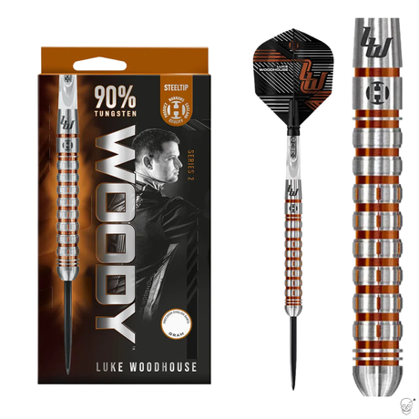 Luke Woodhouse Series 2 90% tungsten steel tip darts set with packaging, full dart view, and close-up of precision ringed barrel grip