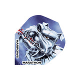 Close-up dart flight with bulldog artwork, spiked collar, and dart detail, No.6 shape, Marathon series, isolated on white background