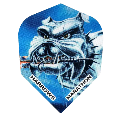 Close-up of No.6 dart flight with fierce bulldog artwork, sharp colors, and spiked collar, isolated on white for dart accessories buyers