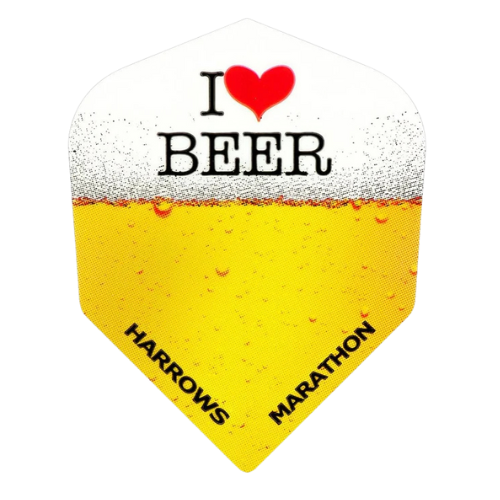 Dart flight full view on white background featuring I Love Beer text, realistic beer graphic, precise shape ideal for steel tip darts