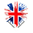 Dart flight with splattered Union Jack flag design, full view, isolated on white, ideal for dartboard accessories