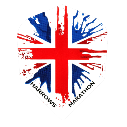 Dart flight with splattered Union Jack flag design, full view, isolated on white, ideal for dartboard accessories
