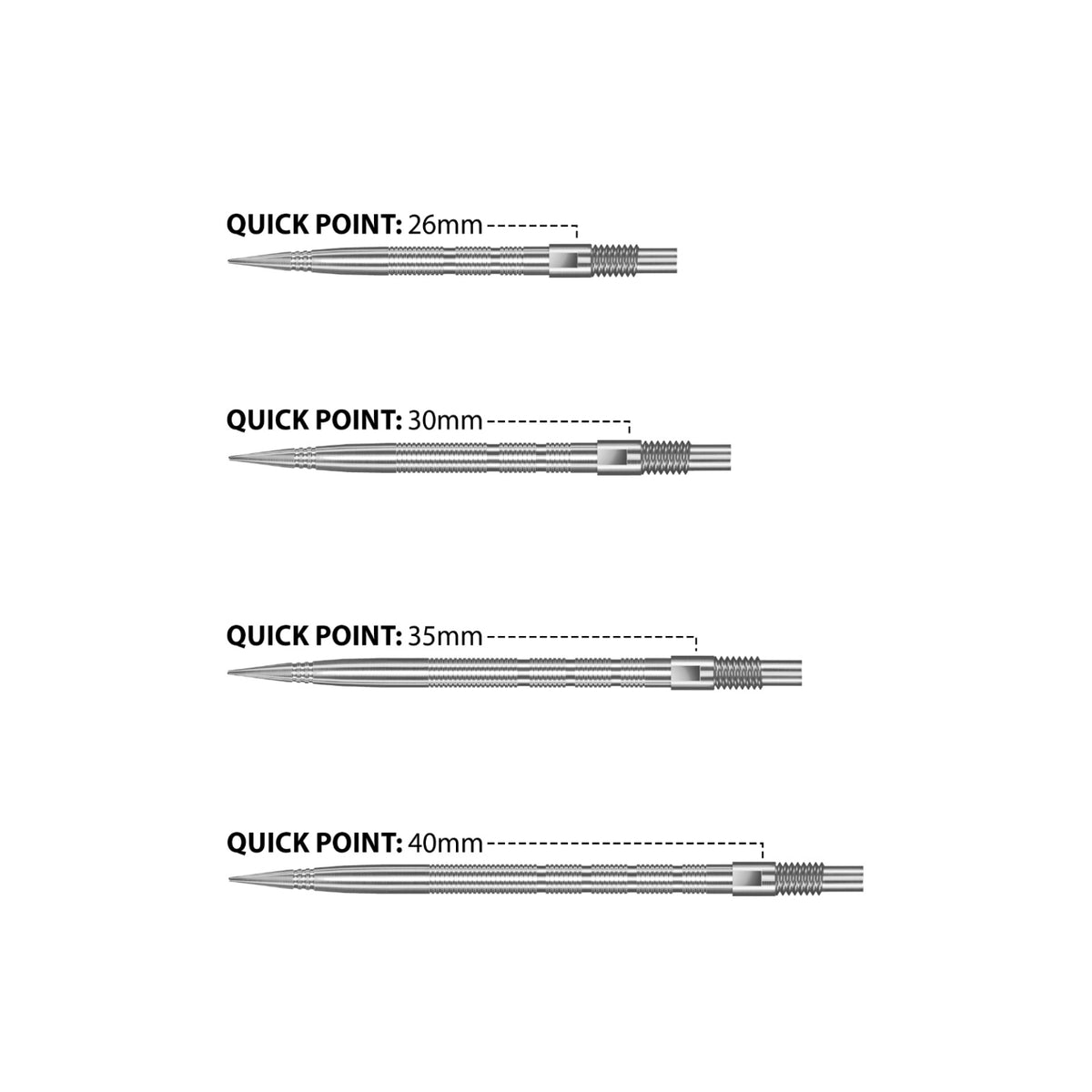 Micro Ridge Quick Point length comparison in silver showing 26mm, 30mm, 35mm and 40mm