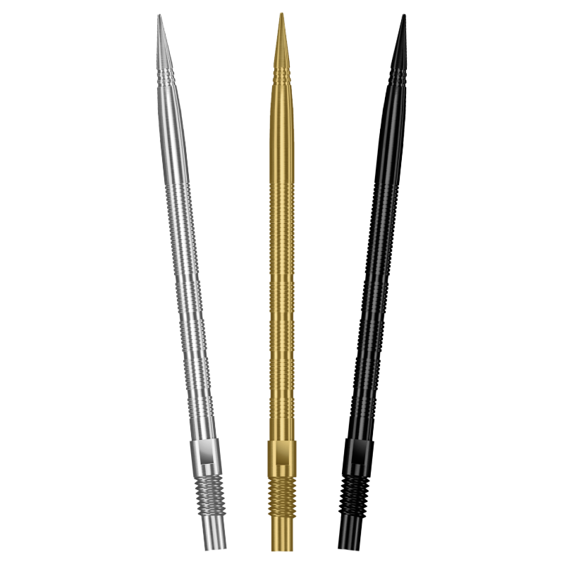 Harrows Micro Ridge Quick Points fanned in all three finishes - silver, gold and black - on a white background