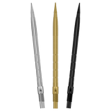 Harrows Micro Ridge Quick Points fanned in all three finishes - silver, gold and black - on a white background