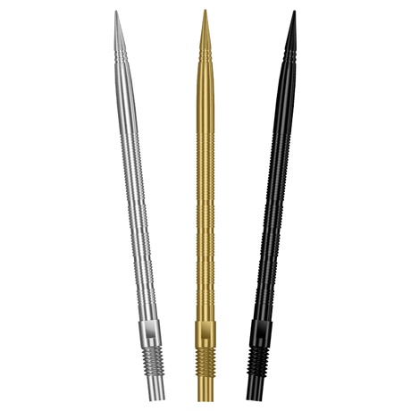 Harrows Micro Ridge Quick Points fanned in all three finishes - silver, gold and black - on a white background