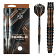 Steel tip tungsten dart full view with titanium nitride coated barrel, orange-black rings, and packaging, highlighting grip texture