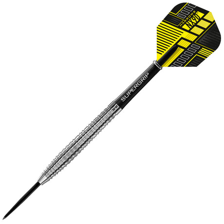 Angled view of NX90 90% tungsten dart showing precision ringed grip, Supergrip shaft, and yellow-black geometric flight on white background