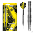 Steel tip tungsten darts set in retail packaging, full dart on white, and macro of ringed barrel grip for precision