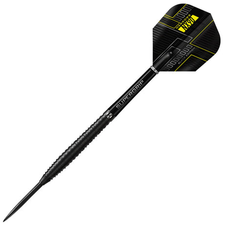 Angled full view of NX90 Black tungsten dart on white background, showing textured barrel, Supergrip shaft, and yellow flight design