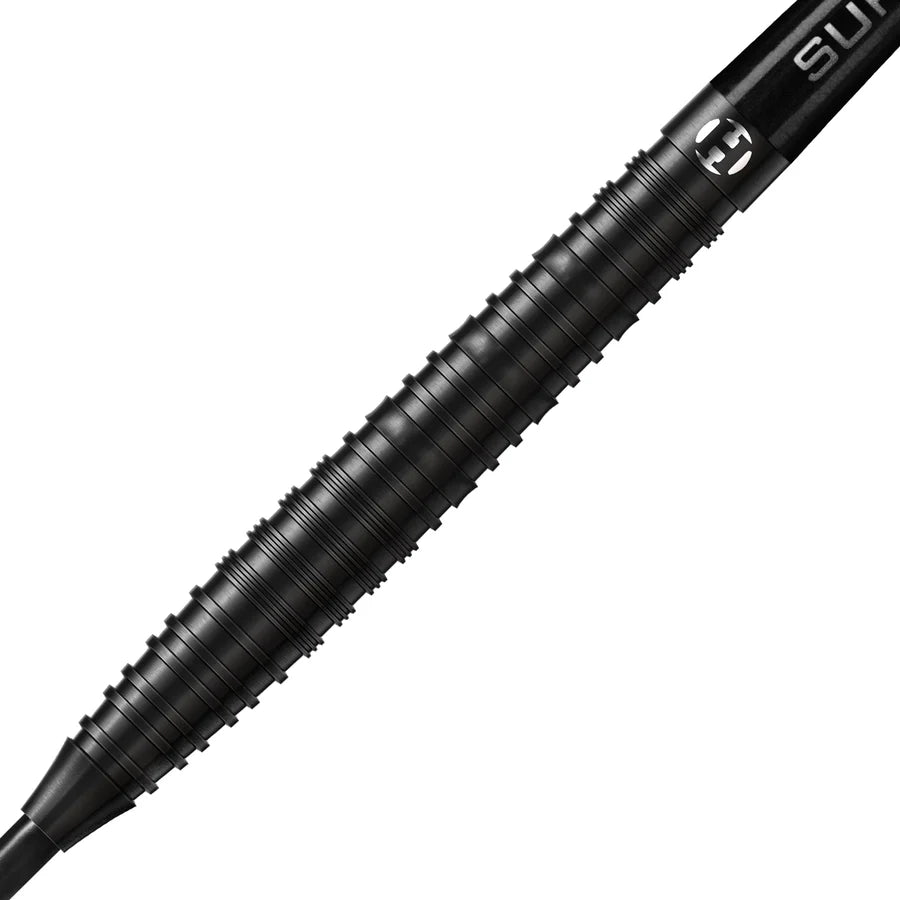 Close-up of NX90 Black 90% tungsten dart barrel, highlighting precision ringed grip texture on white background