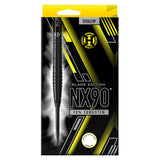 NX90 Black 90% tungsten steel tip dart in retail packaging, front view, showing detailed barrel grip and precision weight label.