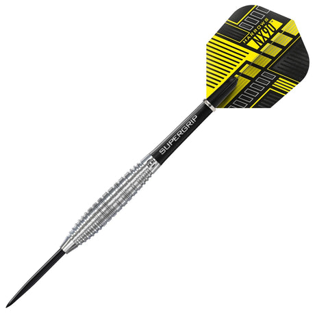 Full tungsten dart displayed on white background, highlighting knurled barrel, black point, and yellow-black NX90 geometric flight.