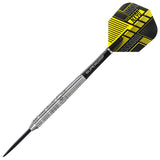 Parallel tungsten dart full view on white background, knurled grip barrel, black tip, yellow and black geometric flight, Supergrip shaft