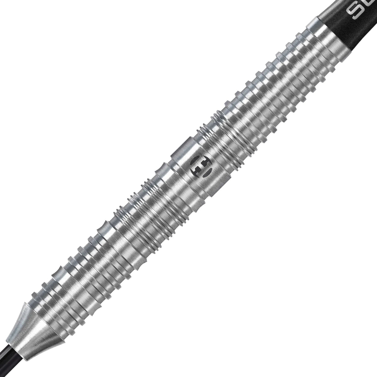 Macro close-up of tungsten dart barrel showing precision parallel grip grooves and detailed knurled texture for enhanced control