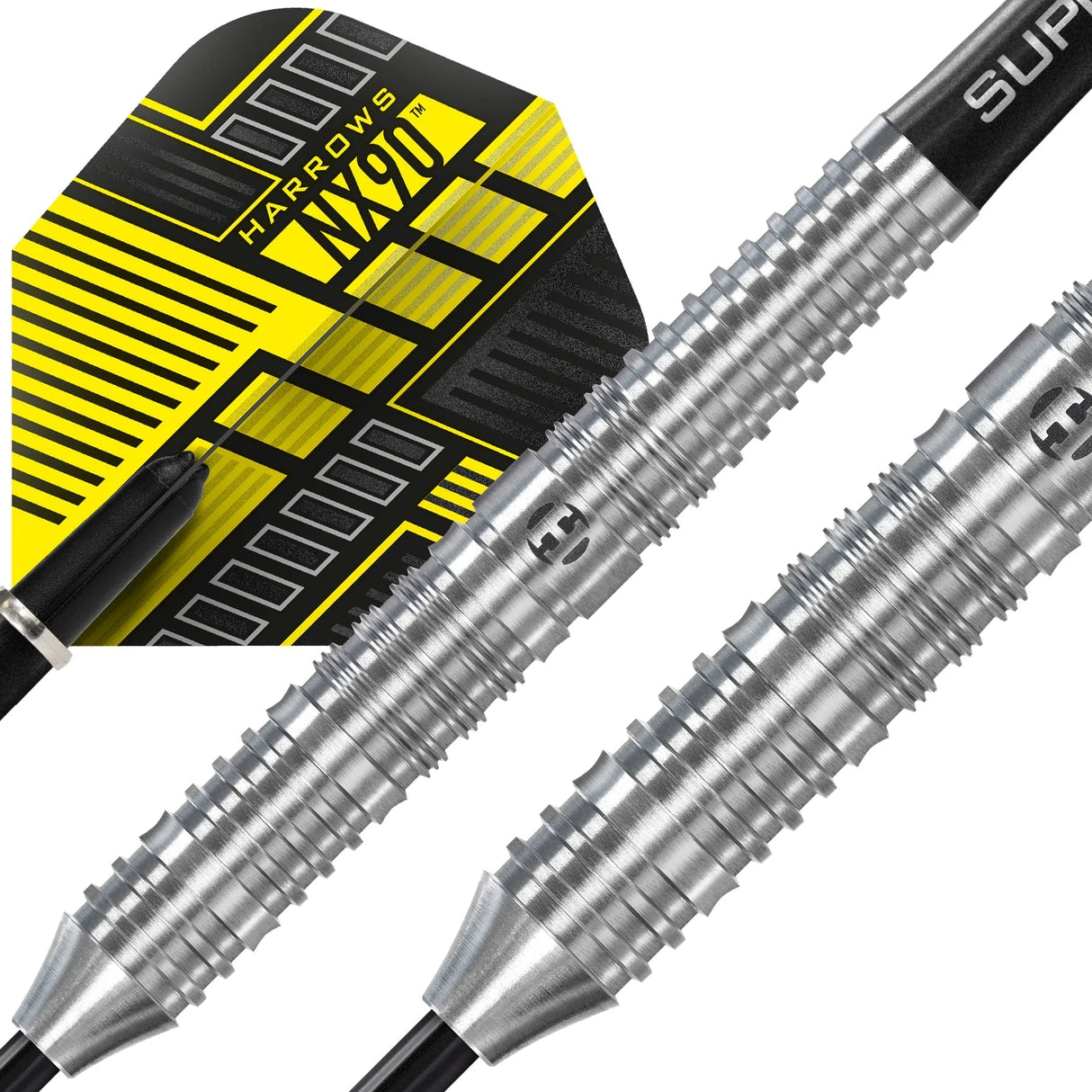 Close-up of NX90 parallel 90% tungsten darts with deep ringed barrel grip and detailed yellow-black flight design