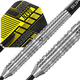 Close-up of NX90 parallel 90% tungsten darts with deep ringed barrel grip and detailed yellow-black flight design