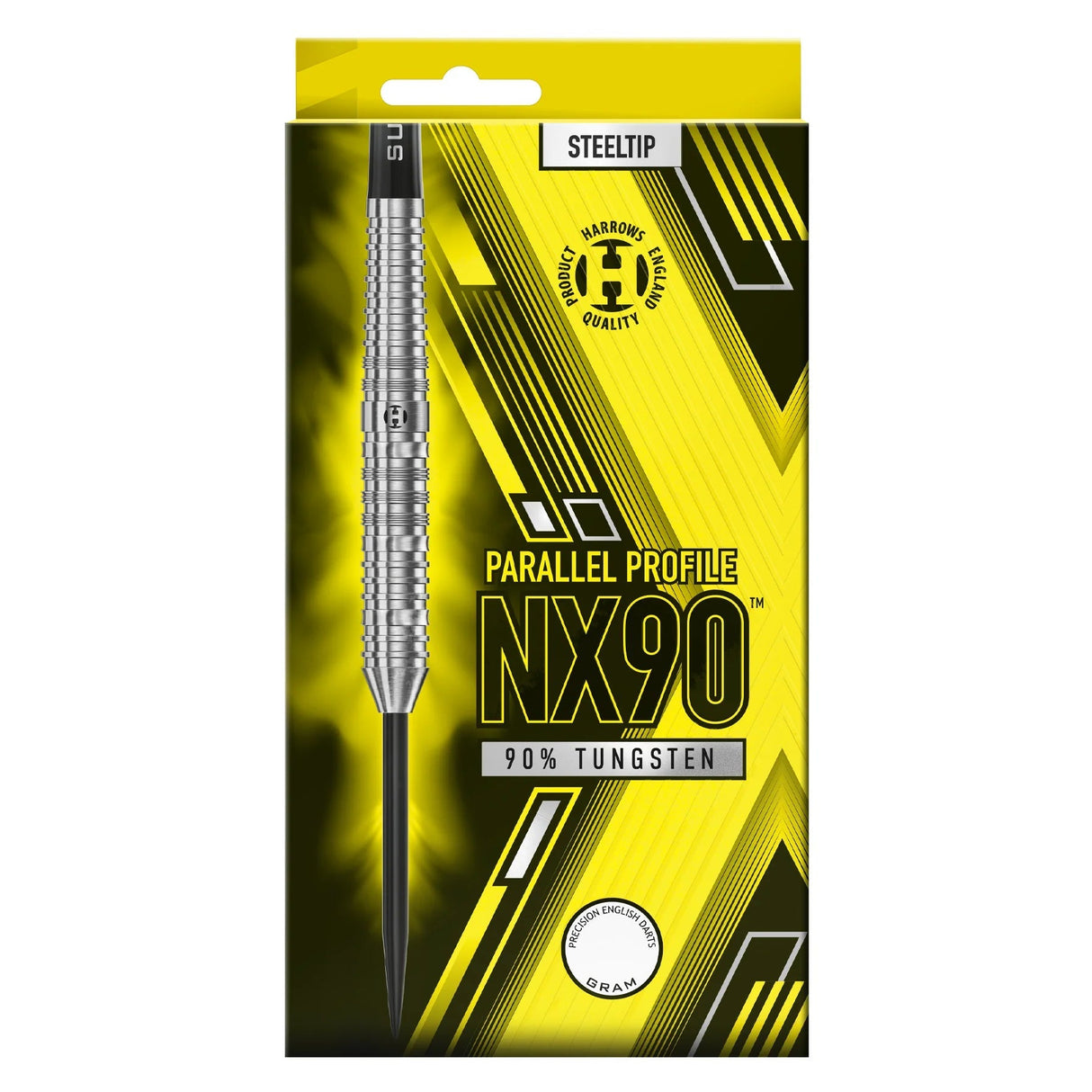 Steel tip NX90 90% tungsten dart in retail packaging, parallel profile and barrel grip details shown on display box.