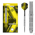 Steel tip NX90 90% tungsten dart with parallel barrel, precision grip rings, packaging, and close-up barrel texture on white background