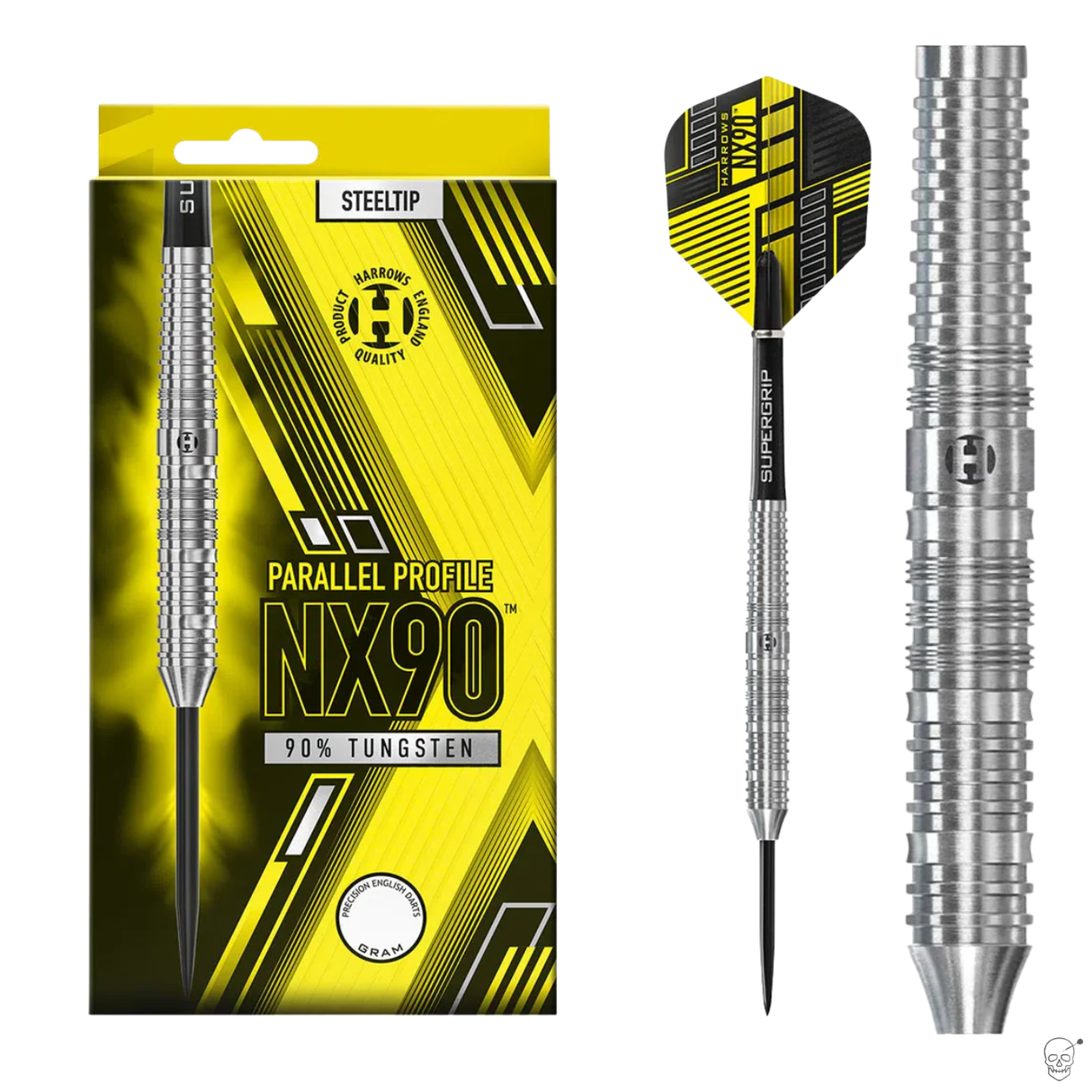 Steel tip NX90 90% tungsten dart with parallel barrel, precision grip rings, packaging, and close-up barrel texture on white background