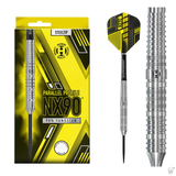 Steel tip NX90 90% tungsten dart with parallel barrel, precision grip rings, packaging, and close-up barrel texture on white background