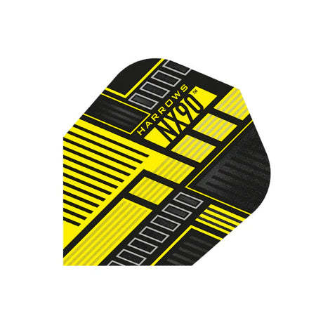 Close-up of a single NX90 yellow No.6 dart flight with bold geometric pattern isolated on white background