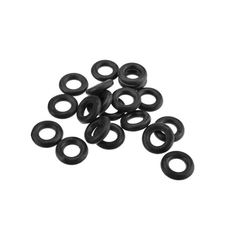Multiple black dart O rings top-down view, rubber shaft lock washers isolated on white background