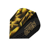 Angled close-up of No.6 dart flight with gold geometric pattern and textured black finish, isolated on white background.