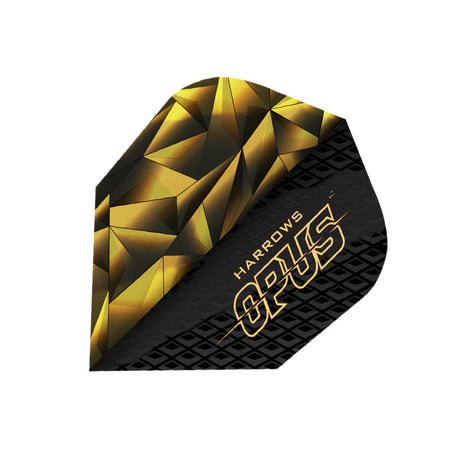 Angled close-up of No.6 dart flight with gold geometric pattern and textured black finish, isolated on white background.