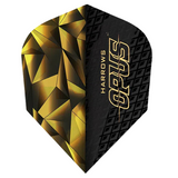 No.6 dart flight full view on white background, gold geometric and black textured pattern, highlighting robust100 micron material