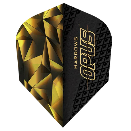 No.6 dart flight full view on white background, gold geometric and black textured pattern, highlighting robust100 micron material