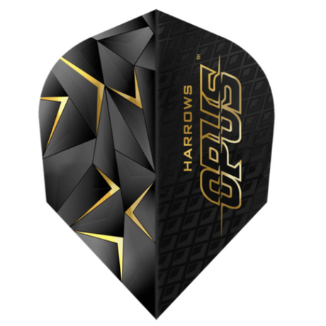 close-up of single Opus 3 No.6 dart flight with black and gold geometric pattern, isolated on white background