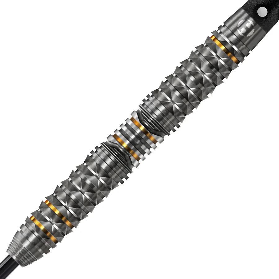 Close-up of tungsten dart barrel with detailed acute facet grip and gold ring highlights, isolated on white, ideal for precision dart players