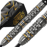 Macro close-up of 90% tungsten darts with acute facet grip and gold detailing, showing precision-milled barrel texture and black geometric flights