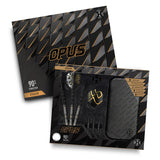 Opus 90% tungsten steel tip darts set in retail packaging with three darts, extra flights, shafts, and dart case visible