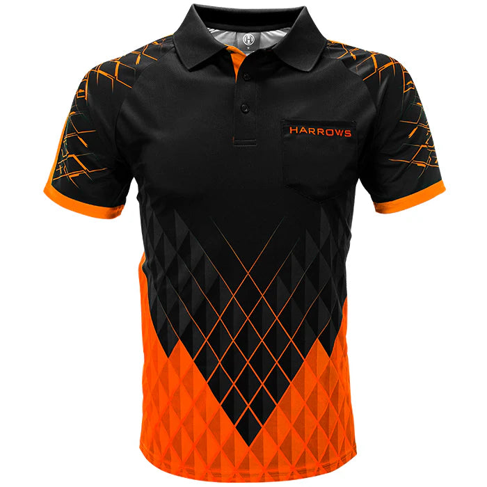 Full front view of Paragon darts shirt with bold orange and black geometric pattern, short sleeves, and pocket, isolated on white background