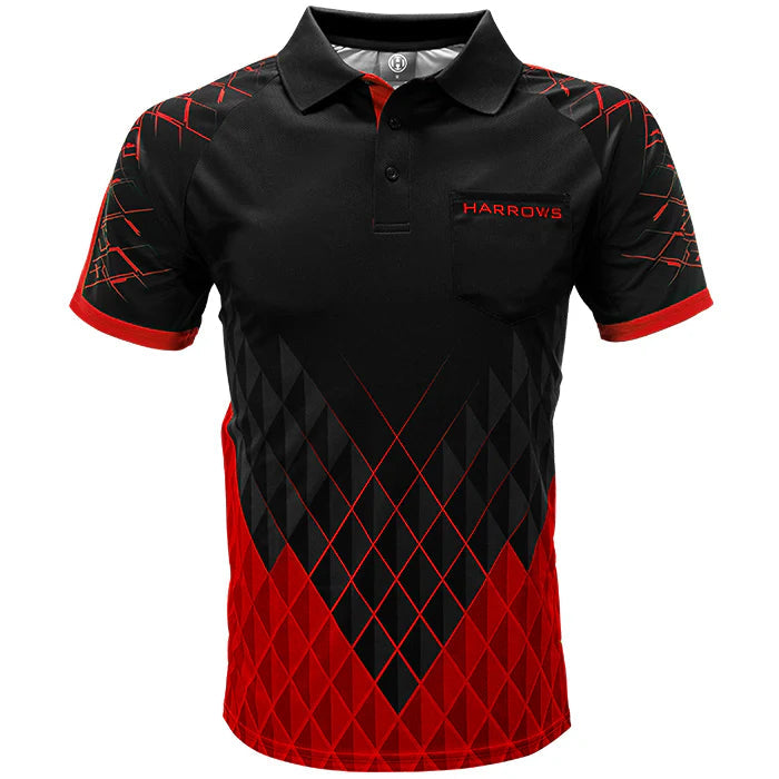 Full front view of lightweight black and red darts shirt with geometric pattern, chest pocket, and athletic fit for dart players