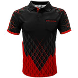 Full front view of lightweight black and red darts shirt with geometric pattern, chest pocket, and athletic fit for dart players