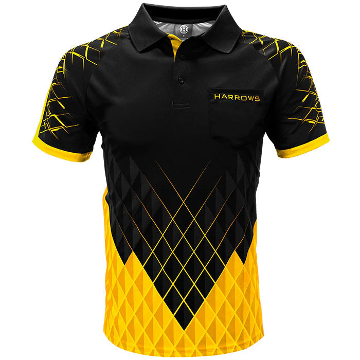Full front view darts shirt with black and yellow geometric pattern, short sleeves, button collar, lightweight breathable fabric