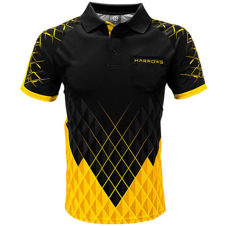 Full front view darts shirt with black and yellow geometric pattern, short sleeves, button collar, lightweight breathable fabric