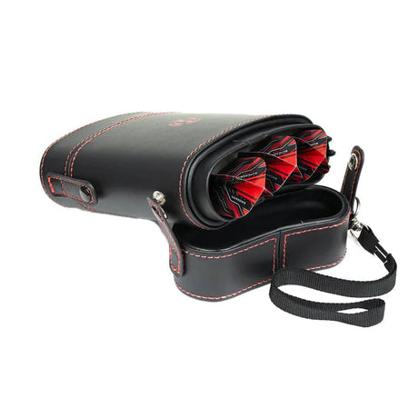 Angled view of open red-stitched dart case with multiple dart slots, showing interior compartments and wrist strap on white background