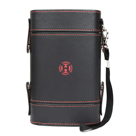 Black darts case with red stitching and wrist strap, full product view on white background, ideal dart storage accessory