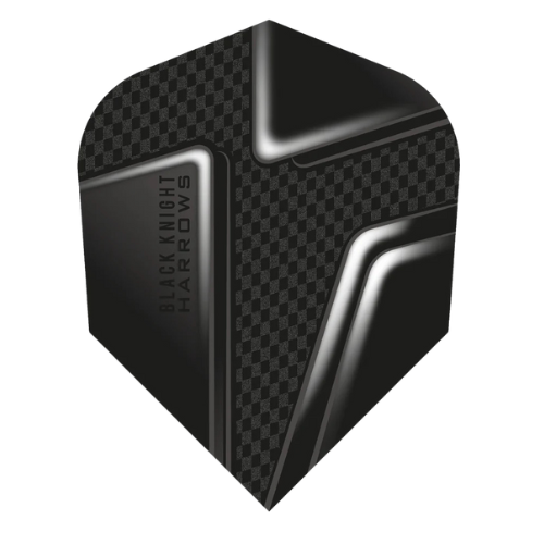 No.6 dart flight close-up, black carbon fiber texture, metallic detailing, Black Knight lettering, isolated for dart accessories